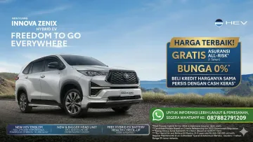 Poster promo Toyota Innova Zenix Hybrid EV 2026 warna silver dengan penawaran kredit bunga 0 persen, harga sama dengan cash, dan gratis asuransi All-Risk.