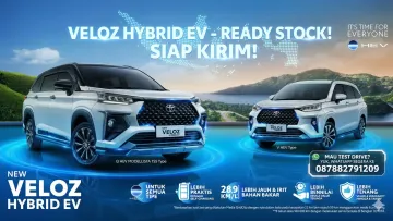 Poster promosi mobil Toyota New Veloz Hybrid EV warna putih tipe Q dan V, keterangan ready stock siap kirim, irit BBM 28,9 km/L, dan nomor WhatsApp 087882791209 untuk test drive.