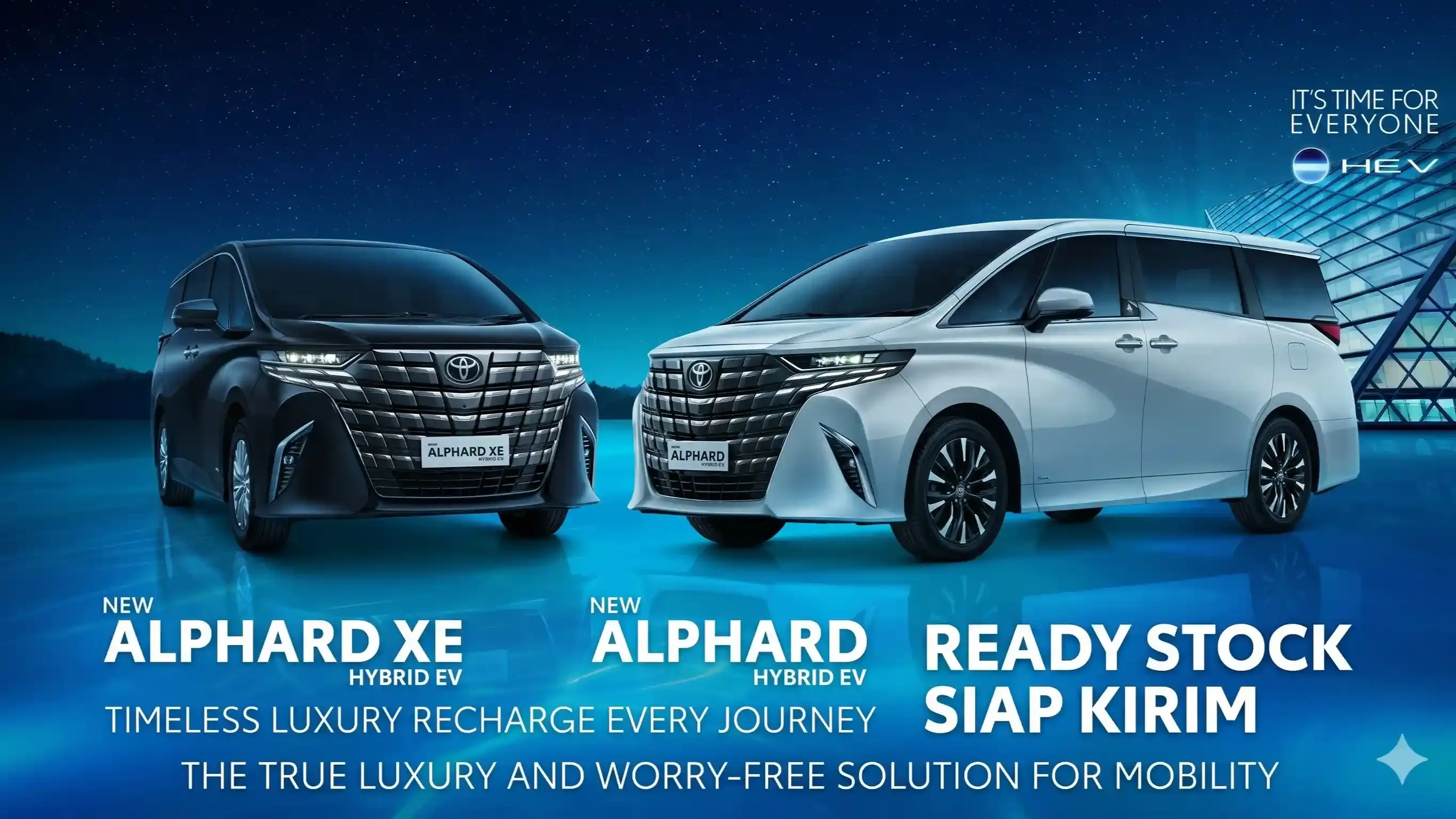 Poster Toyota Alphard XE Hybrid EV warna hitam dan putih dengan teks Ready Stock Siap Kirim.
