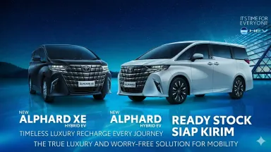 Poster Toyota Alphard XE Hybrid EV warna hitam dan putih dengan teks Ready Stock Siap Kirim.