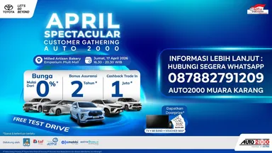 Brosur Promo April Spectacular Customer Gathering Auto2000 di Milled Artisan Bakery Emporium Pluit Mall, Menampilkan Promo Bunga 0 Persen, Asuransi Gratis 2 Tahun, Cashback Trade-in 1 Juta, dan Berbagai Hadiah Doorprize dengan Nomor WhatsApp 087882791209.